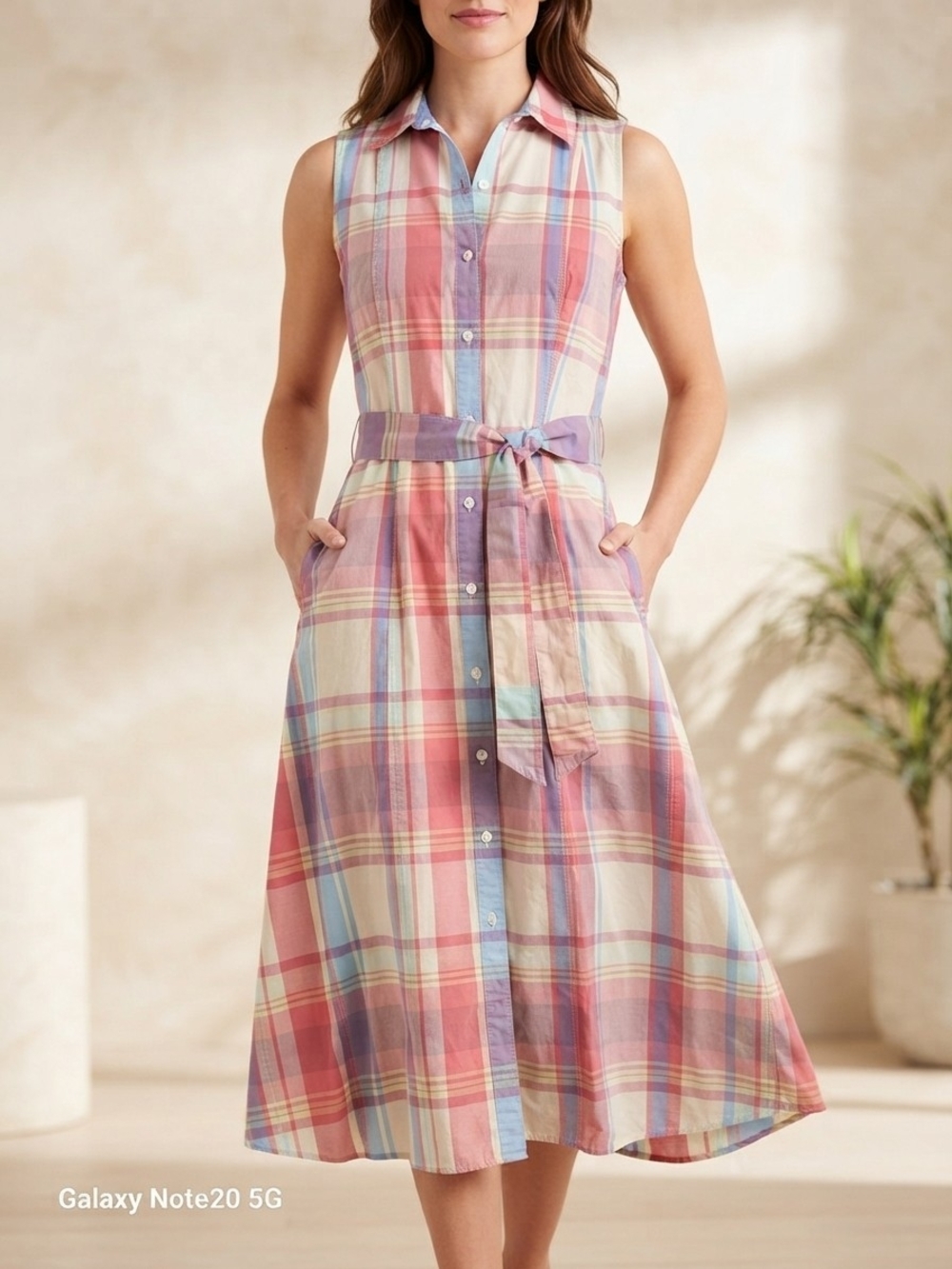Southern Tide Plaid Midi Shirt Dress Size M Cotton Tie Belt Pockets EUC